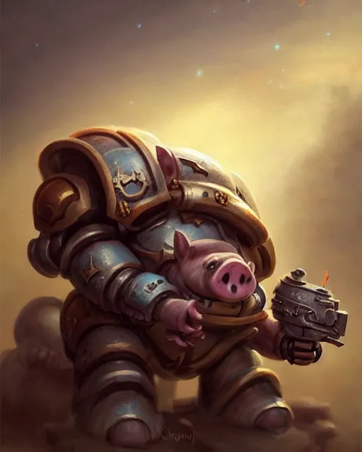 Image similar to cute little anthropomorphic Pig Space Marine, tiny, small, short, Space marine, cute and adorable, pretty, beautiful, DnD character art portrait, matte fantasy painting, DeviantArt Artstation, by Jason Felix by Steve Argyle by Tyler Jacobson by Peter Mohrbacher, cinema