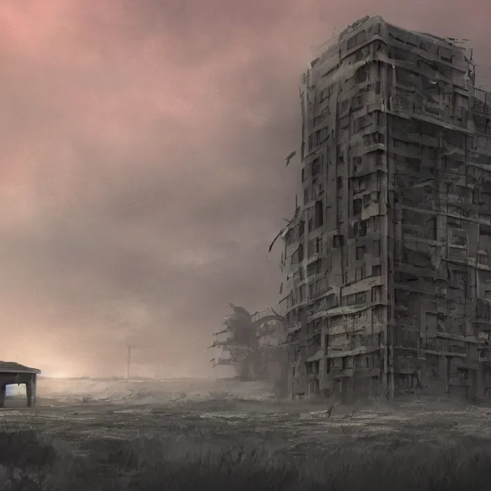 Prompt: a building in a serene landscape, post - apocalyptic fiction