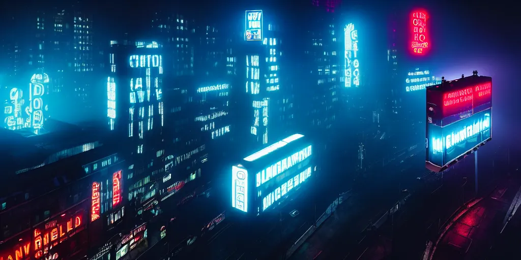 Image similar to giant illuminated advert screens, eerie fog, megacity streets seen from above, neon signs, blade runner, ex machina