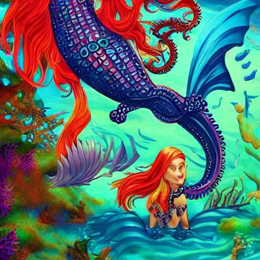 Image similar to merfolk riding seahorses, trending on artstation, colorful, intricate, art by senjon 津