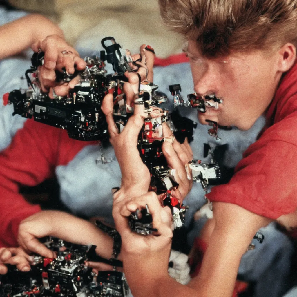 Prompt: realistic extremely detailed closeup portrait of a psychobilly blonde teenager from behind working on a amiga 2000 connected to a sony v-5000 camera and genlock in his teen room, 1989, colors, hyperrealistic, cinematic, close-up, depth field, Annie Leibovitz