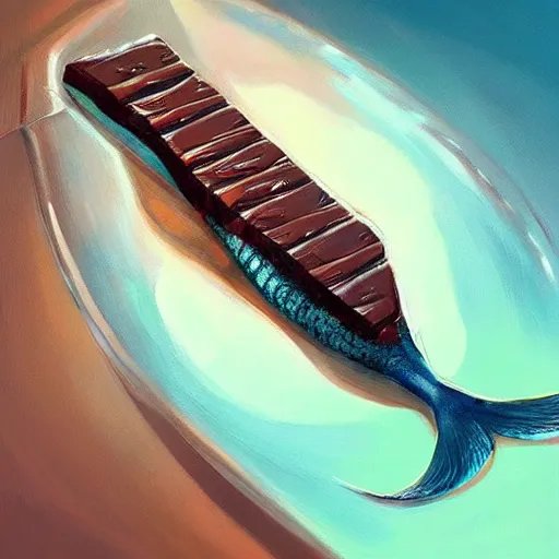 Image similar to a fish laying on top of a chocolate bar. soft, atmospheric, warm lighting. highly detailed digital painting by mandy jurgens.