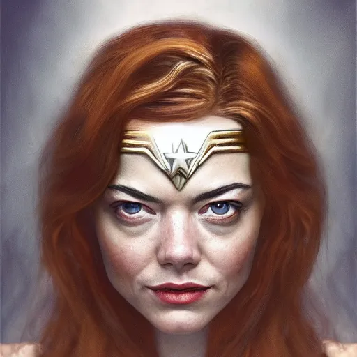 Image similar to cinematic upper third of emma stone as wonder woman, full costume, intricate, elegant, by alyssa monks, highly detailed, symmetrical face, fine details, masterpiece, trending on artstation