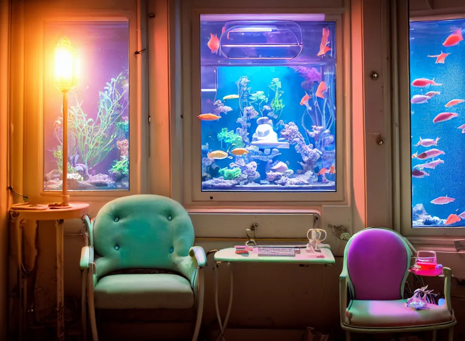 Image similar to telephoto 7 0 mm f / 2. 8 iso 2 0 0 photograph depicting the feeling of chrysalism in a cosy cluttered french sci - fi ( art nouveau ) cyberpunk apartment in a pastel dreamstate art cinema style. ( aquarium, computer screens, window ( city ), led indicator, lamp ( ( ( armchair ) ) ) ), ambient light.