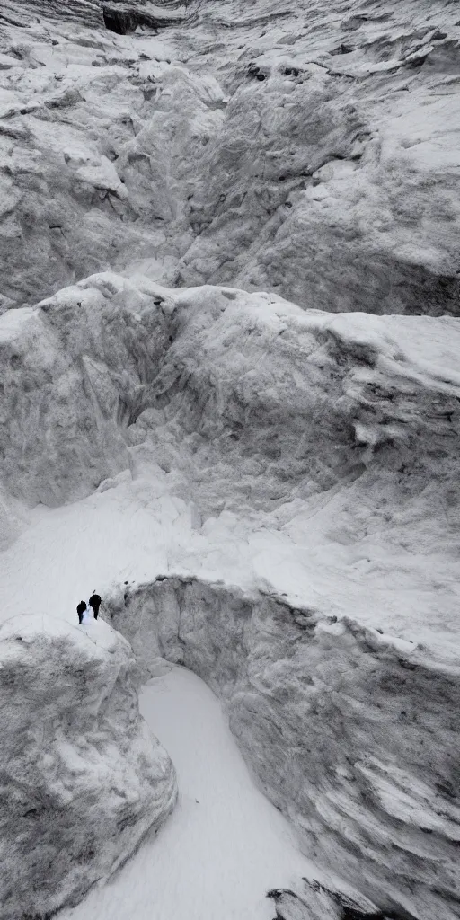 Prompt: a frozen canyon, minimalist structure, covered in ice, in the style of reuben wu, roger deakins