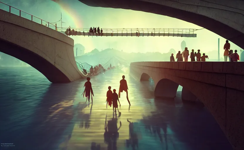 Image similar to incredible, mindblowing, refugees crossing a beautiful bridge made of rainbow hardlight, matte painting, makoto shinkai, artstation, cgsociety, dramatic lighting, concept art, octane render, arnold 3 d render