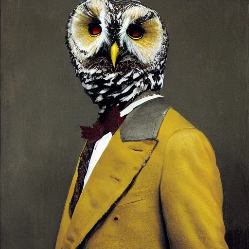 Image similar to shredded physique feathered round neck beak Portrait of Henry James camouflaged as Owl whilst wearing a yellow tuxedo Standing atop a Garbage Truck Greg Rutkowski Vik Muniz clarence holbrook carter Andrew Wyeth Dan Witz