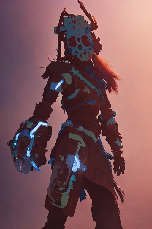 Image similar to combination suit armor aloy horizon forbidden west horizon zero dawn robot ninja mask helmet backpack tribal, aesthetic octane render, 8 k hd resolution, by ilya kuvshinov and cushart krentz and gilleard james radiating a glowing aura cgi rtx 2 0 2 2