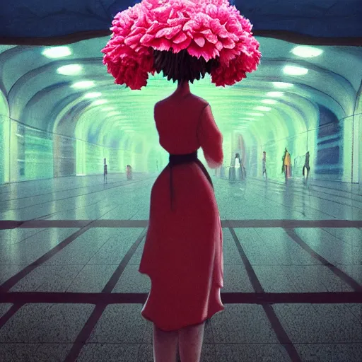 Prompt: giant carnation flower head, woman standing in metro station, surreal photography, dramatic light, impressionist painting, digital painting, artstation, simon stalenhag