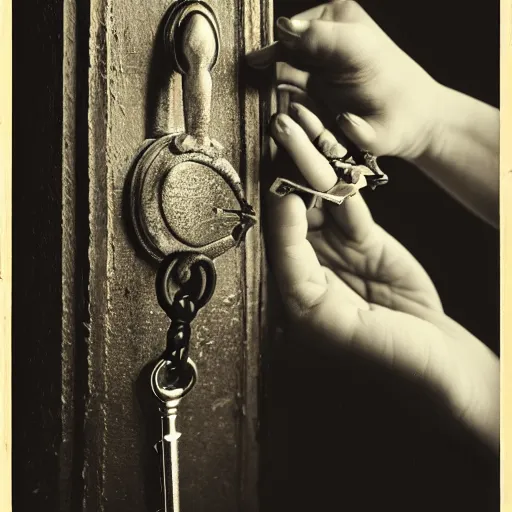 Image similar to old monochrom portrait photography of a beautiful girl holding old keys in her hand, many vintage locks on the walls, in a victorian decor, by man ray, alfred ghisoland, gemmy woud - binendijk, erwin olaf, 4 k,