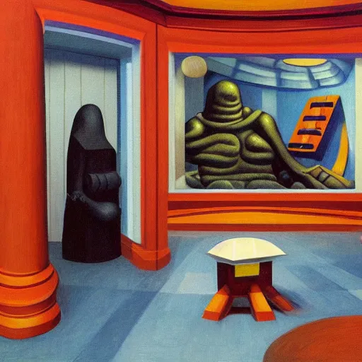 Image similar to exaggerated death ray, doomsday weapon, evil lair, mastermind, observatory interior, rotunda, shield, comedic, dystopian, grant wood, pj crook, edward hopper, oil on canvas