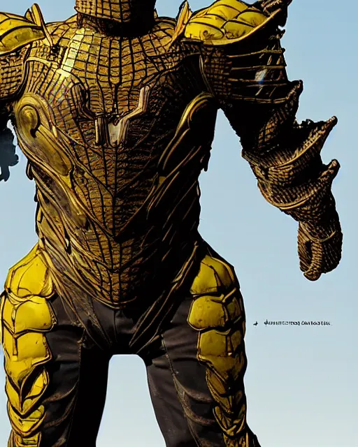 Prompt: super detailed photo realistic brute armor designed at horizon labs to help protect peter after the loss of his spider - sense, black and yellow spiderman suit