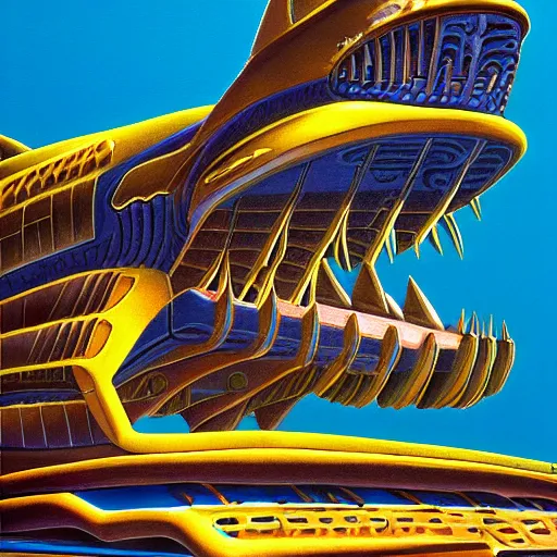 Image similar to side view a beautiful painting of a shark palace by angus mckie, trending on artstation future space, sphyrna zygaena, metallic