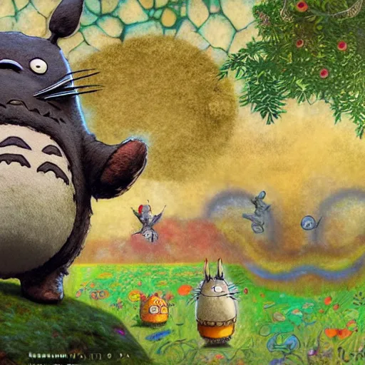 Image similar to totoro tripping on lsd, intricate detail, royo, klimt, miro, vallejo, frazetta, giger, whealan, hd, unreal engine,