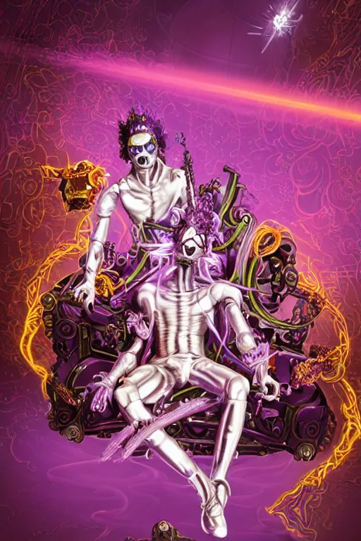 Image similar to full-body rococo and cyberpunk style violet neon statue of a young attractive Spanish male macho dotado android reclining sim roupa con piroca, glowing white laser eyes, prince crown of orange gears, diamonds, swirling silver-colored silk fabric. futuristic elements. full-length view. space robots. human skulls. intricate artwork by caravaggio. Trending on artstation, octane render, cinematic lighting from the right, hyper realism, octane render, 8k, depth of field, 3D