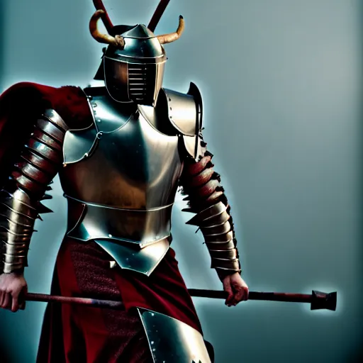 Image similar to a minotaur wearing plate armor and holding a mace, high resolution film still, 4k, HDR lighting, film by Thor Freudenthal and Chris Columbus