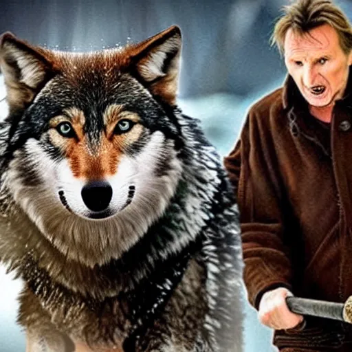 Image similar to liam neeson fighting wolves with broken beer bottles