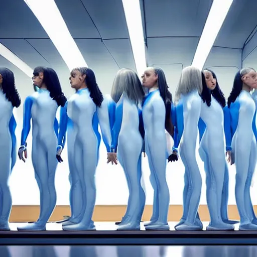 Image similar to line of six identical athletic female clones in formation, white hair, tight light blue neopren suits, elevated conveyor belt, futuristic chemistry lab, sci - fi, highly detailed, cinematic