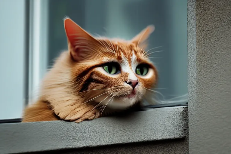 Image similar to vfx film closeup, cat on a window ledge, flat color profile low - key lighting award winning photography arri alexa cinematography, hyper real photorealistic cinematic, atmospheric cool colorgrade