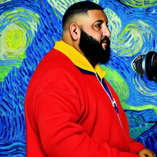 Image similar to ultra detailed portrait photo of dj khaled in a studio, blue, under red and yellow cinematic lighting, by van gogh, cartoon