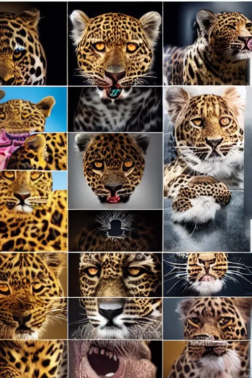 Image similar to 8K UHD Redshift render, Poser, 🐾wave, 🙀facecore, 🐯punk leopard panther, long wavy fur, bright eyes, long fangs, medium full shot, animal photography, anime, cartoon, Korean folk art