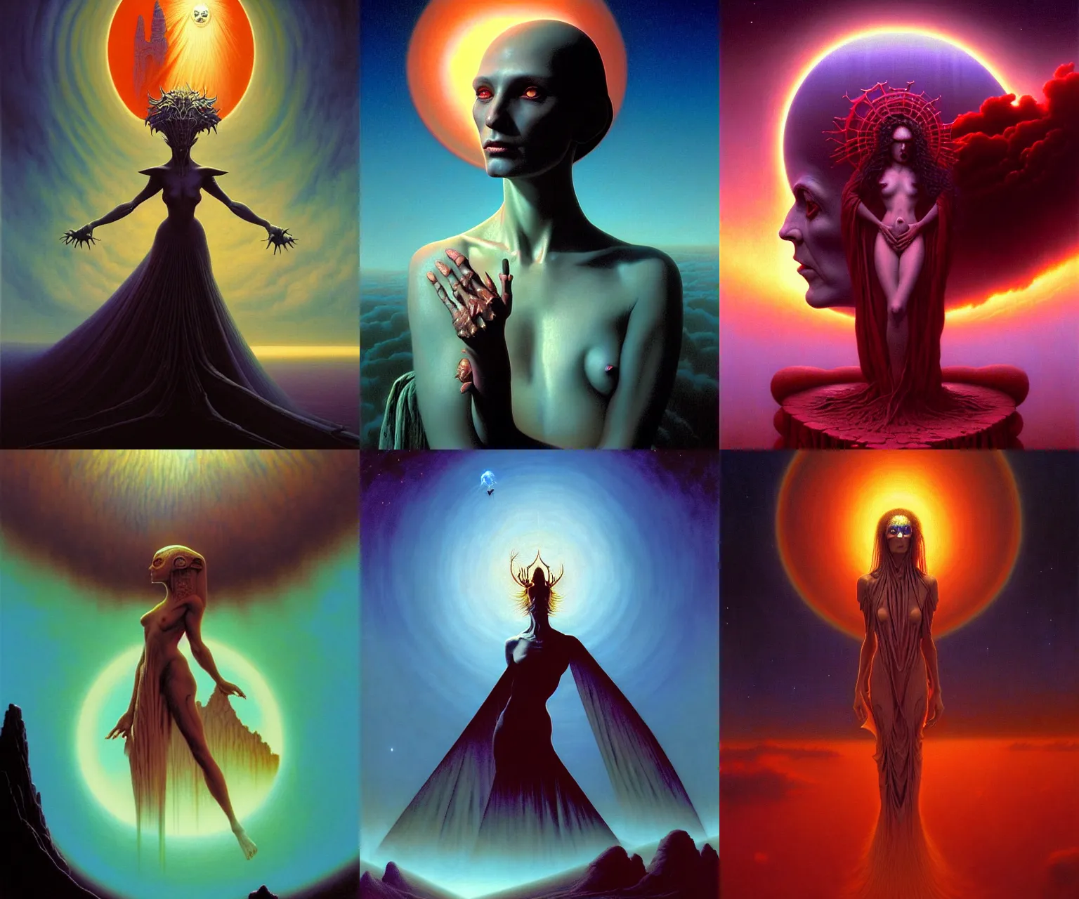 Prompt: cinematic masterpiece conceptual portrait of a gothic demon goddess of morning, by Storm Thorgerson, , by Wayne Barlowe, by Tim Hildebrandt, by Bruce Pennington, by Zdzisław Beksiński, by Paul Lehr, oil on canvas, masterpiece, trending on artstation, featured on pixiv, cinematic composition, astrophotography, dramatic pose, beautiful lighting, sharp, details, details, details, hyper-detailed, no frames, HD, HDR, 4K, 8K