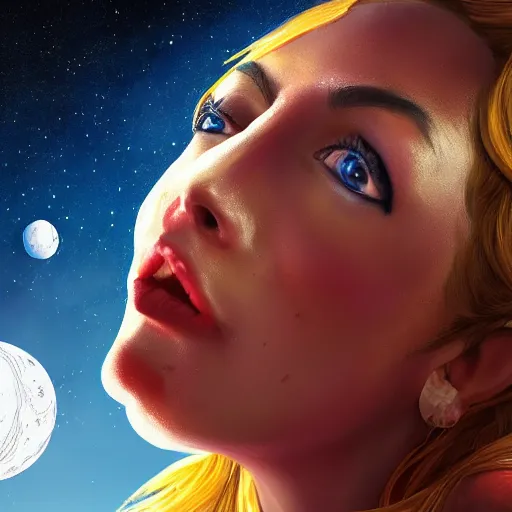 Prompt: A hyper real comic book style portait painting of a close up of Annita, the singer, riding a horse on the moon, her face is clearly visible, unreal 5, hyperrealistic, octane render, cosplay, RPG portrait, dynamic lighting