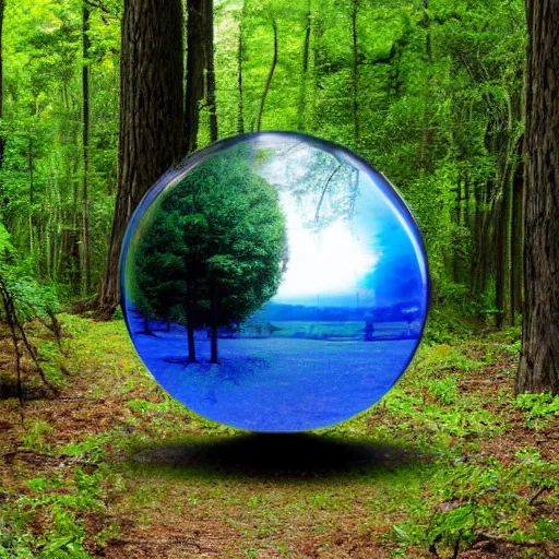 Prompt: a floating mirror sphere in a forest