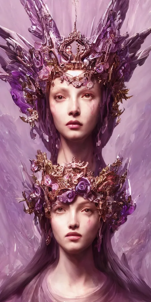 Image similar to female angel queen head wearing shiny pink crown, subtle purple accents, hyper details, black metal rococo, sculpted by Alex Alice, Craig Mullins, yoji shinkawa, trending on artstation, beautifully lit, Peter mohrbacher, hyper detailed, elite, elegant, luxury, ray of light through smoke, CGsociety, hypermaximalist, golden ratio, neofuture, volumetric, octane render, weta digital, micro details, 3d sculpture