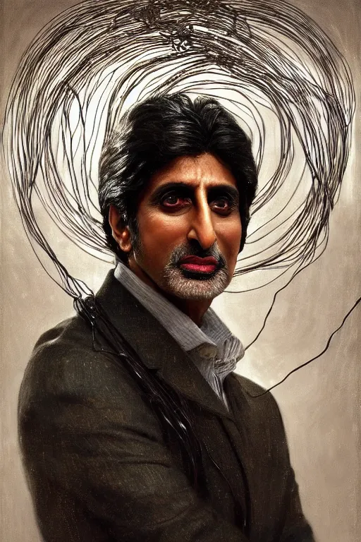 Prompt: hyperrealist portrait of amitabh bacchan, it is decorated with long wires that fall like vines and wears small computers over their body. by jeremy mann and alphonse mucha, fantasy art, photo realistic, dynamic lighting, artstation, poster, volumetric lighting, very detailed faces, 4 k, award winning