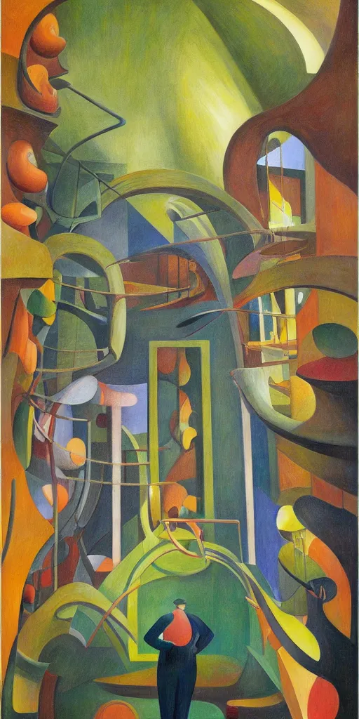 Prompt: fantastical biomorphic atrium, grant wood, pj crook, edward hopper, colorful, oil on canvas