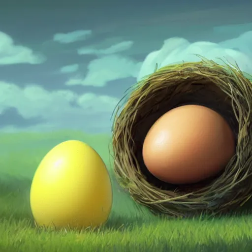 Prompt: concept art of a baby corgi emerging from an egg that looks like a tennis ball in a nest, realistic, detailed, cel shaded, in the style of makoto shinkai and greg rutkowski and james gurney