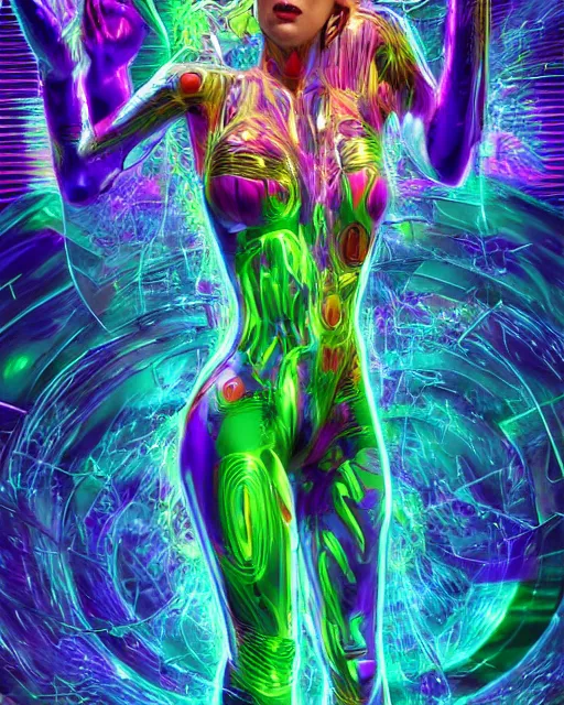 Image similar to a powerful energy psychedelic matrix woman, by alexander fedosav, hyper detailed digital matte painting, concept art, hyperrealism, 1 6 k resolution, cinema 4 d, 8 k resolution, trending on artstation, behance hd, a masterpiece, by stephan martiniere, particles, cel - shaded, power bright neon energy, by david a. hardy,