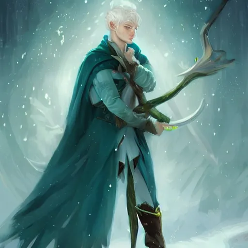 Image similar to handsome male snow elf with pointed ears in a turquoise cape as an archer, albino skin, moonlight snowing, ethereal opalescent mist, winter vibes, perfect face, elegant, very coherent symmetrical artwork, by wenjun lin, krenz cushart, charlie bowater, trending on artstation