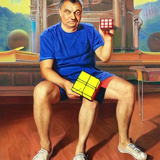 Prompt: portrait of viktor orban in shorts playing with a rubik's cube, confused face, highly detailed illustration by boris vallejo, airbrush painting