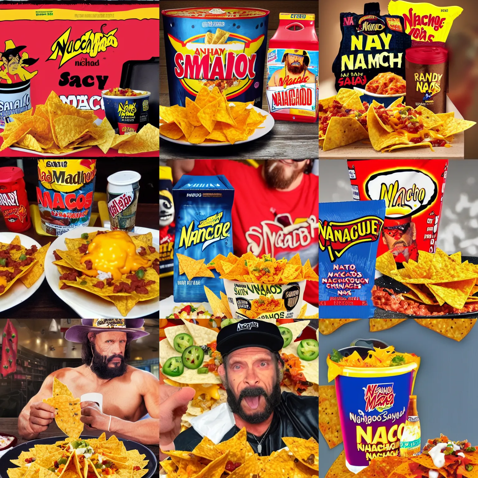Prompt: Nacho Man Randy Savage, Nachos, product placement, delicious