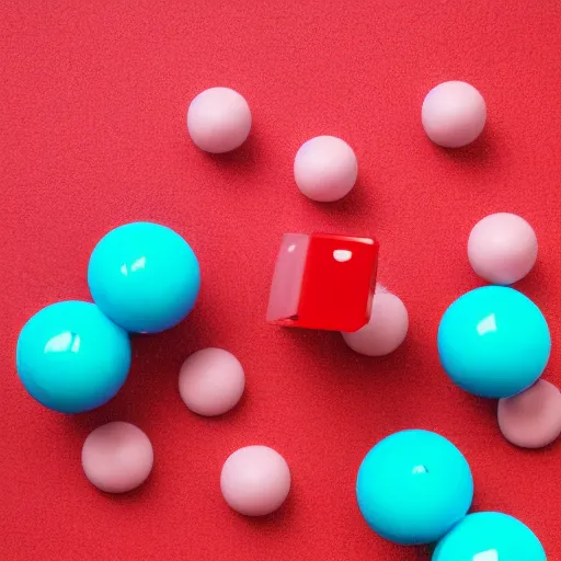 Prompt: bubblegum spheres on a red cube