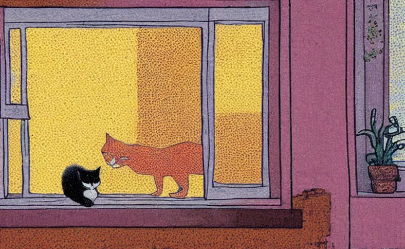 Prompt: sleeping cat on window, inside house in village, plants, beige color, brown, orange, pink, divisionism and pointillism style