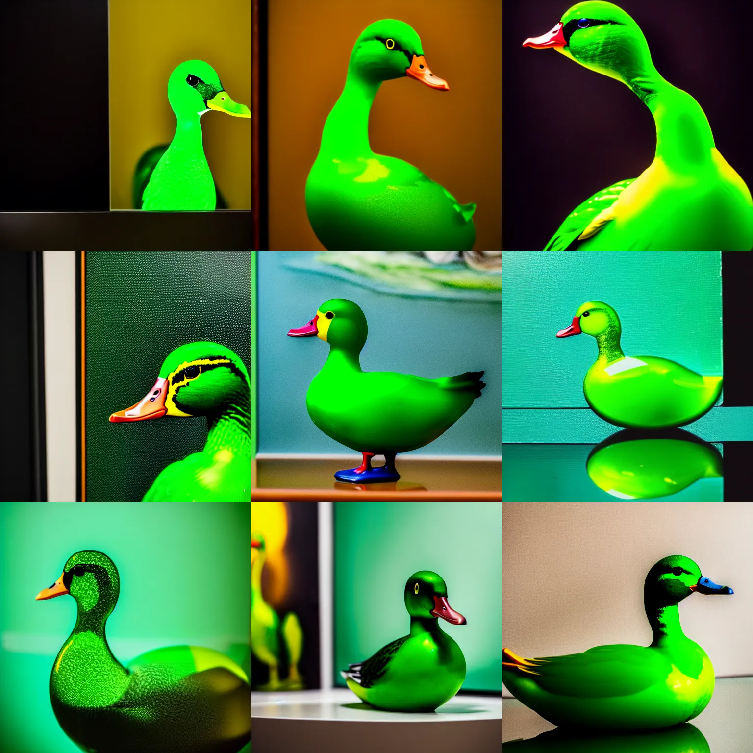 Prompt: a close up photo of a [ transparent green glass duck in front of a painting ], professional photography, sigma 8 5 mm f / 8