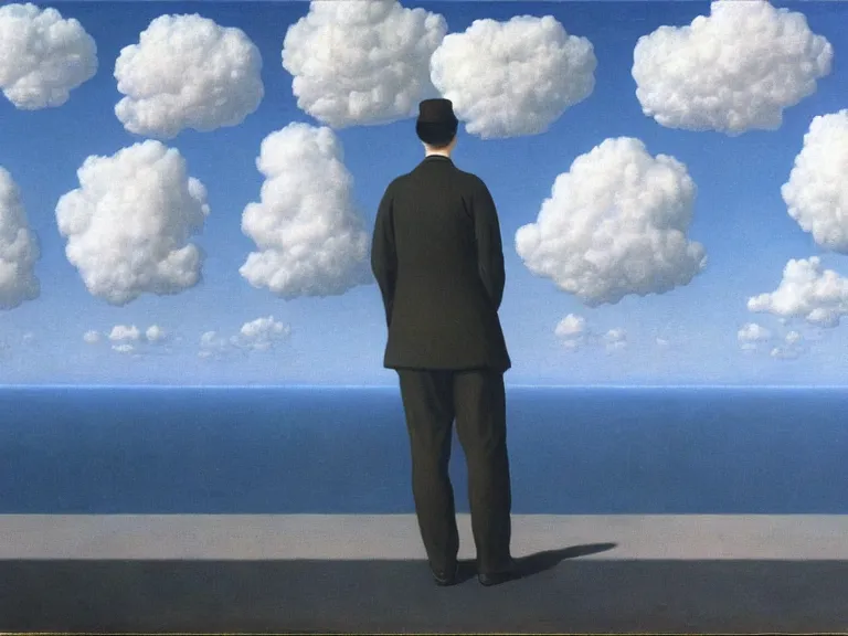 Image similar to man made out of clouds, painting by rene magritte, high detail, high resolution