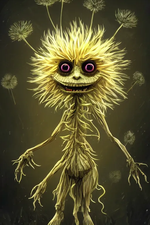 Image similar to a humanoid figure dandelion monster with large glowing eyes, highly detailed, digital art, sharp focus, trending on art station, artichoke, anime art style