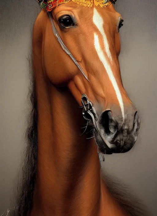 Prompt: formal portrait of a horse, digital art by eugene de blaas, ross tran, and nasreddine dinet, vibrant color scheme, intricately detailed, in the style of romanticism, cinematic, artstation, greg rutkowski