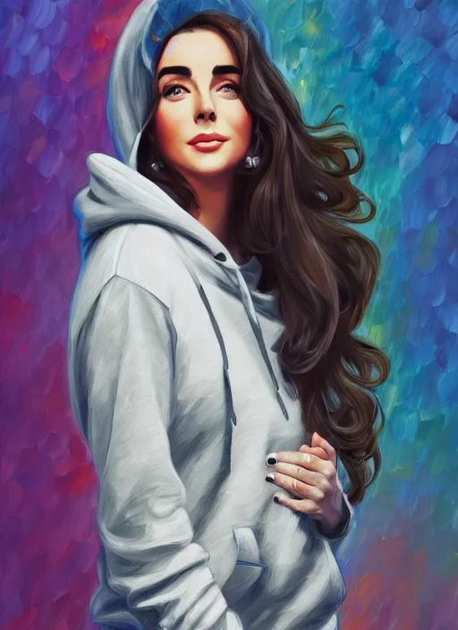 Prompt: elizabeth taylor, gray hoodie, jeans, beautiful hair, half body shot, path traced, highly detailed, high quality, digital painting, alena aenami, leonid afremov, lilia alvarado, shinji aramaki, karol bak, alphonse mucha, tom bagshaw