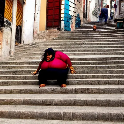 Image similar to a fat Indian woman falling down steps in Porto