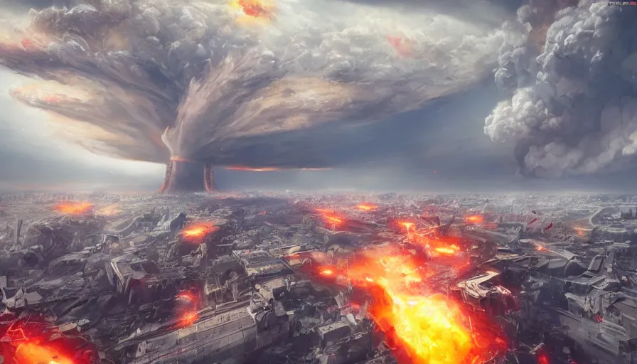 Prompt: washington dc destroyed by nuclear explosion, nuclear clouds, hyperdetailed, artstation, cgsociety, 8 k