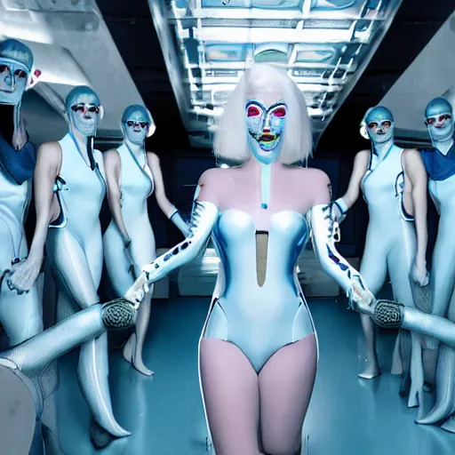 Image similar to troop of freak show women with white hair, white hair, tight light blue neopren suits, futuristic production facility, sci - fi, highly detailed, cinematic