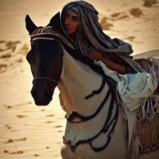 Image similar to beautiful burqa's woman, ride horse in saharan, dress like taliban, sharp eyes, detailed face, white skin, beautiful tatted hands, riffle on chest, detailed horse, detailed sit position, dust, cinematic, dynamic pose, pinterest