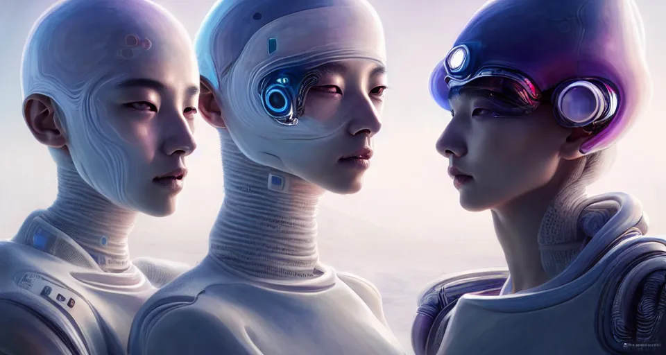 Image similar to portrait of yael shelbia and kang seul - gi, venus squid astronaut, symetrical facial, white hair, intricate design details. cyberpunk, touareg, by ruan jia and weldon casey. smooth gradients, deep space.