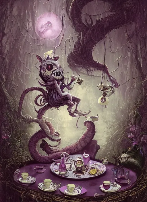 Prompt: Cheshire Cat on a tea party,Death Tarot card,highly detailed,half skull face,cinematic,8k,by Stanley Artgermm,Tom Bagshaw,Greg Rutkowski,Carne Griffiths, Ayami Kojima, Beksinski, Giger,trending on DeviantArt,hyper detailed,horror, full of colour