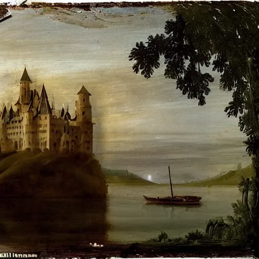 Image similar to an abandoned castle that sits on an island in the middle of a dark lake, there are cobwebs and dust hanging all over the castle and there is a ghostly apparition in one of the windows, a worn boat floats on the lake in front of the castle, renaissance painting, high quality